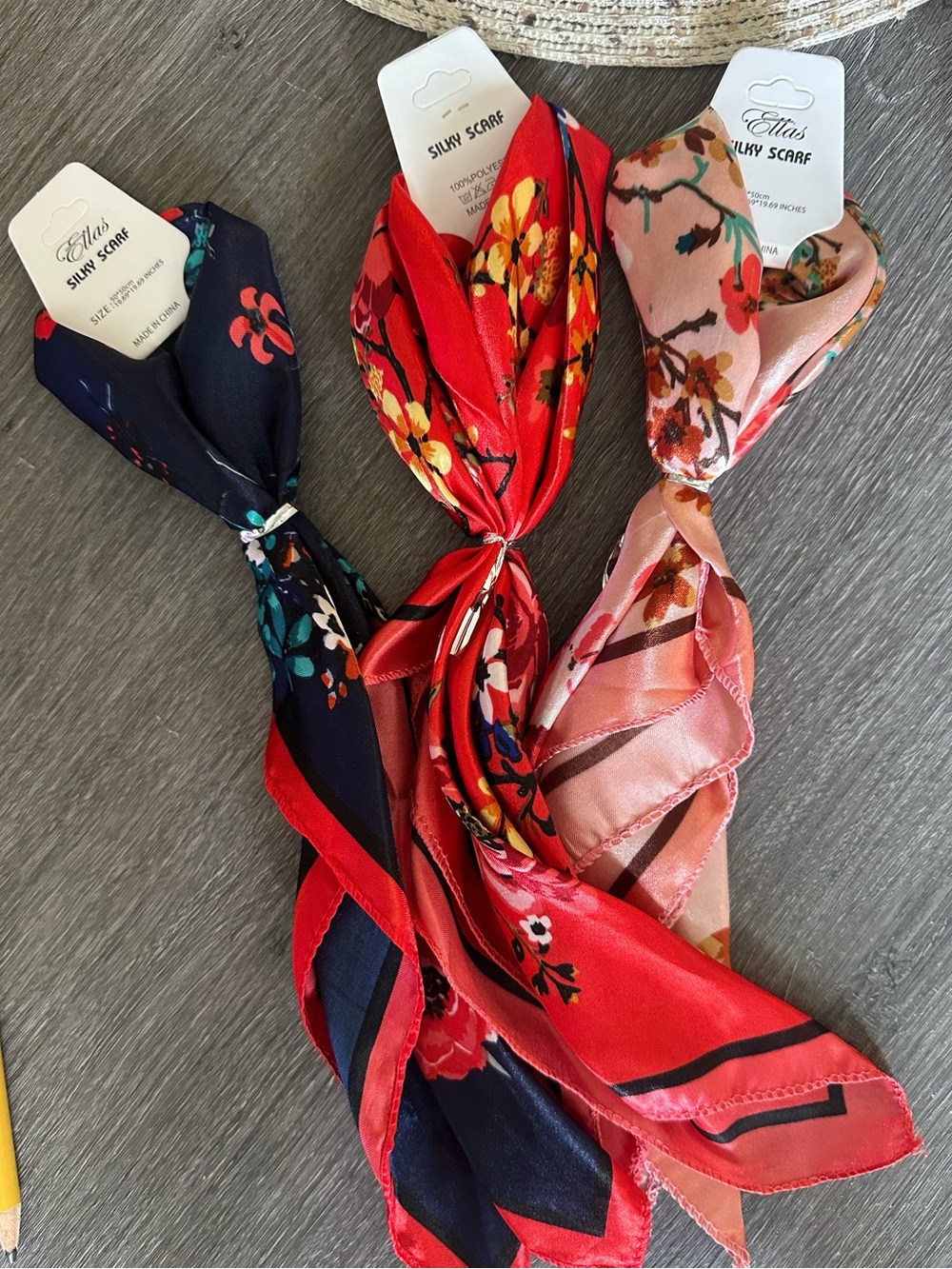 Ella Floral Silky Scarf Set of 3 Red, Navy & Pink (Set of 3) NWT